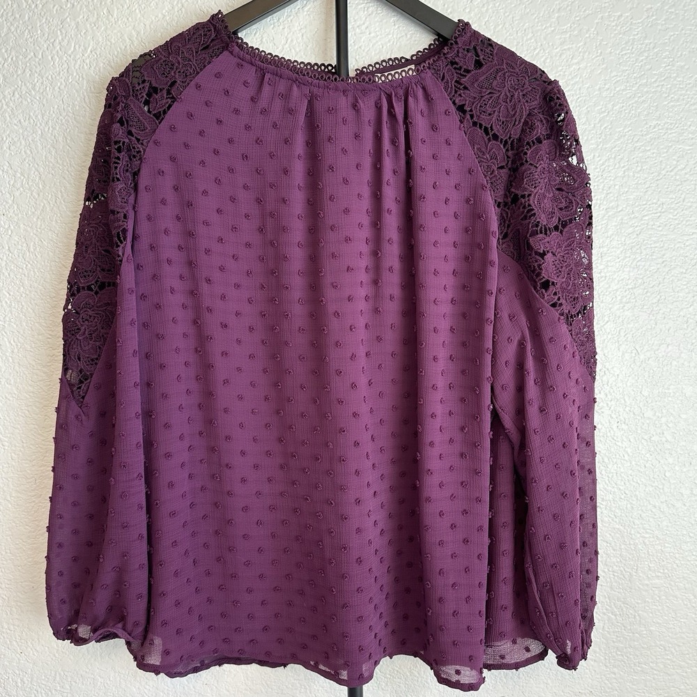 Remi James NYC Top Womens Plus 1X Purple Swiss Dot Lace Shoulders Long Sleeve
